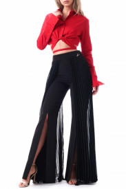 BLACK TROUSERS WITH PLEATED CHIFFON ON THE SIDES