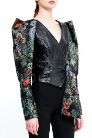 PATENT LEATHER JACKET WITH STRUCTURED BROCARD PUFF SLEEVES
