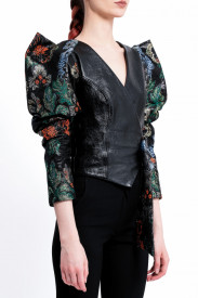 PATENT LEATHER JACKET WITH STRUCTURED BROCARD PUFF SLEEVES