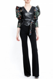 PATENT LEATHER JACKET WITH STRUCTURED BROCARD PUFF SLEEVES