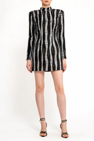 ROCHIE STRUCTURATĂ DIN MIX TWEED ARGINTIU CU NEGRU