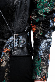 PATENT LEATHER JACKET WITH STRUCTURED BROCARD PUFF SLEEVES