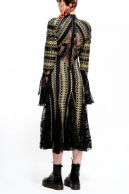 BLACK AND YELLOW MIX TWEED MIDI DRESS WITH LACE INSERTS