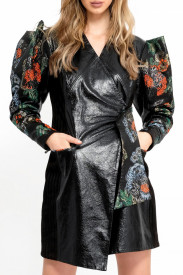 PATENT LEATHER LONG JACKET WITH STRUCTURED BROCARD PUFF SLEEVES
