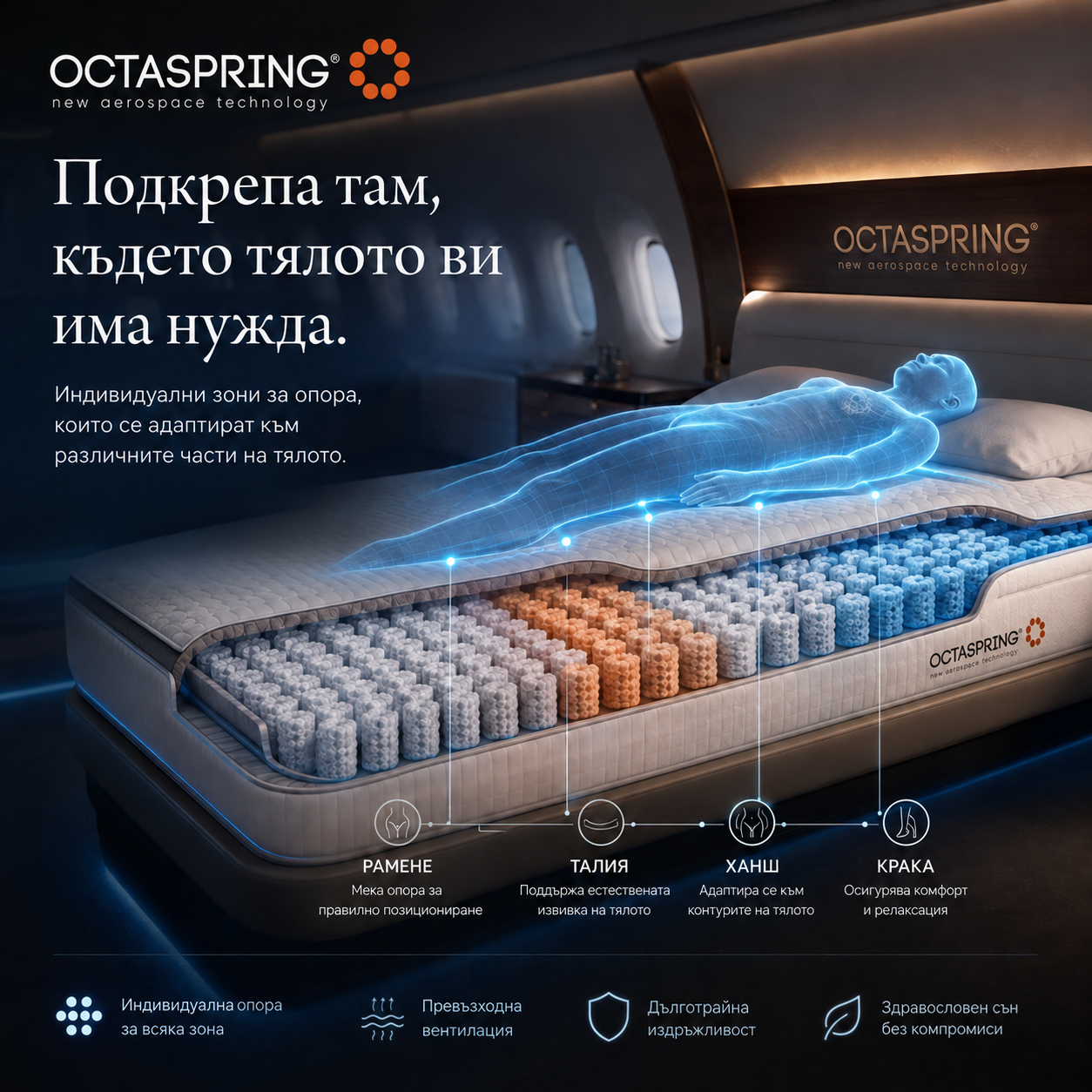 Зонална подкрепа с Octaspring за рамене, талия, ханш и крака