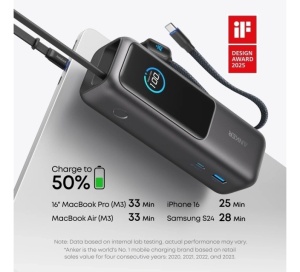 ANKER 25000mAh, 165W, sa ugrađenim USB-C kablom na izvlačenje, Power Bank za laptop srebrni - Img 3