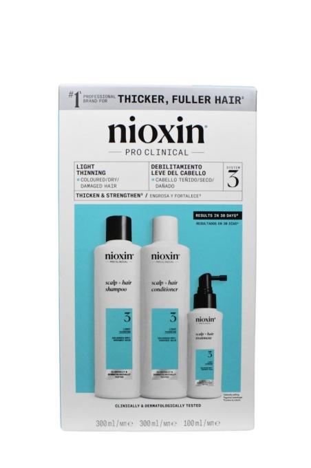 Set profesional impotriva ruperii Nioxin System 3 pentru par vopsit sau deteriorat cu aspect usor subtiat: Sampon, 300 ml + Balsam, 300 ml + Tratament, 100 ml