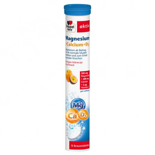 Supliment alimentar DOPPELHERZ MAGNEZIU + CALCIU + D3, 15 comprimate efervescente