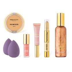 Profusion Cosmetics On the Glow! Spotlight set buretei pentru machiaj, pudra pentru setarea machiajului nuanta Nude, blush lichid stralucitor, iluminator tip crema, baton cu sclipici pentru pleoape, ulei cu sclipici pentru corp