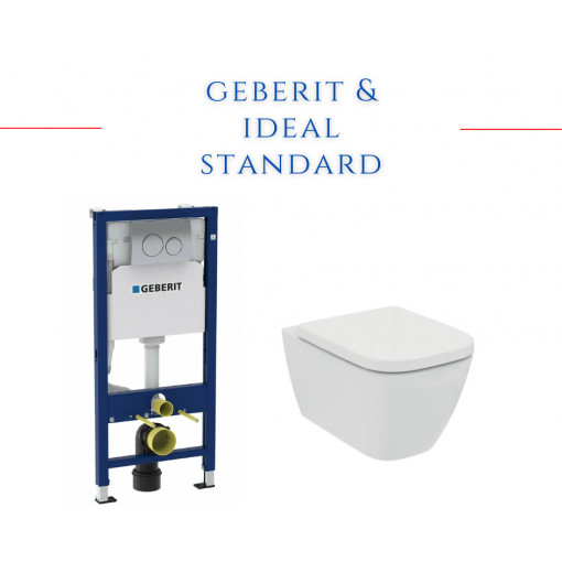 Prepack Geberit Delta rezervor incastrat cu clapeta Delta20 crom lucios si vas wc suspendat Rimless iLife B Ideal Standard cu capac soft close
