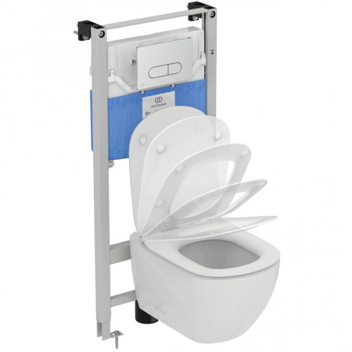 Set rezervor wc incastrat Ideal Standard Prosys cu vas wc suspendat Tesi Aquablade cu capac soft close si clapeta Oleas M1 crom lucios