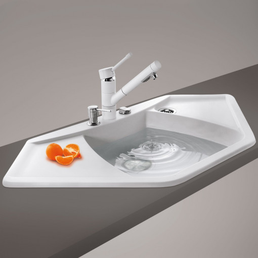 Chiuveta bucatarie granit de colt sau blat liniar CookingAid Naiky CX0981 Alba / Polar White + accesorii montaj