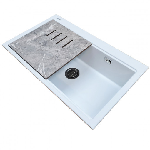 Chiuveta bucatarie granit CookingAid Kinga Workstation LX8610 Alba / Polar White + accesorii montaj