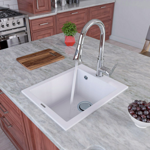 Chiuveta bucatarie granit CookingAid Cube ON4110 Alba / Polar White + accesorii montaj