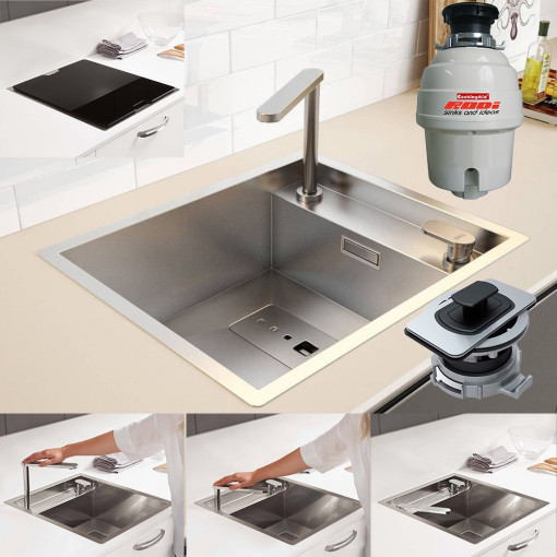 Chiuveta bucatarie inox CookingAid INVISIBLE 40R cu baterie telescopica integrata, tocator sticla temperizata, tocator resturi alimenatare Rodi + adaptor tocator First