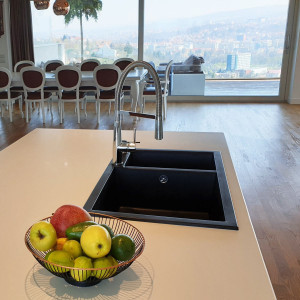Chiuveta bucatarie granit dubla cu 2 cuve CookingAid Cube ON8620 Neagra / Black Metal quartz + accesorii montaj - Img 16