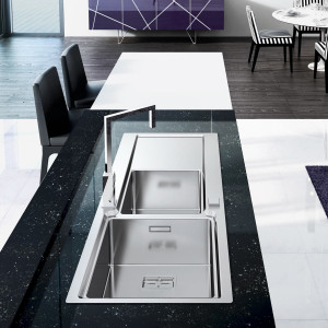 Chiuveta bucatarie inox CookingAid EVO 116 dubla cu 2 cuve + picurator si ventil automat reversibila stanga/dreapta + accesorii montaj - Img 2