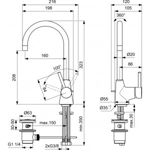 BC195AA   Baterie pentru lavoar cu pipa inalta Ceraline Ideal Standard schita tehnica 