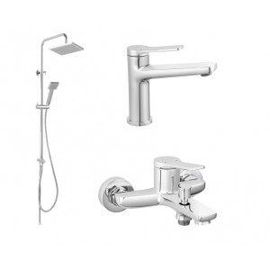 Baterie pentru lavoar si baterie cada dus Stratos cu set de dus Wizard Square Ferro, crom - Img 1