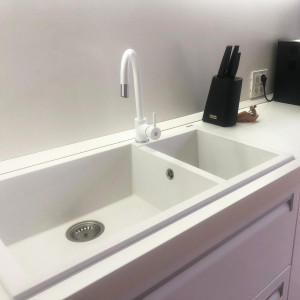 Chiuveta bucatarie granit dubla cu 2 cuve CookingAid Cube ON8620 Alba / Polar White + accesorii montaj - Img 15