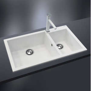 Chiuveta bucatarie granit dubla cu 2 cuve CookingAid Cube ON8620 Alba / Polar White + accesorii montaj - Img 1
