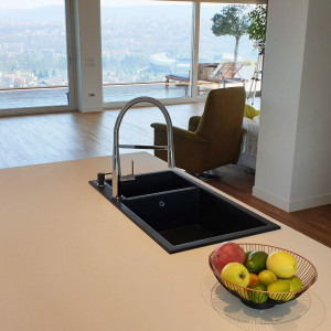 Chiuveta bucatarie granit dubla cu 2 cuve CookingAid Cube ON8620 Neagra / Black Metal quartz + accesorii montaj - Img 7