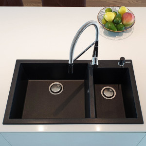 Chiuveta bucatarie granit dubla cu 2 cuve CookingAid Cube ON8620 Neagra / Black Metal quartz + accesorii montaj - Img 17