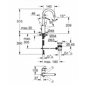 23753000 Baterie lavoar Grohe BauFlow cu maner lateral schita tehnica 