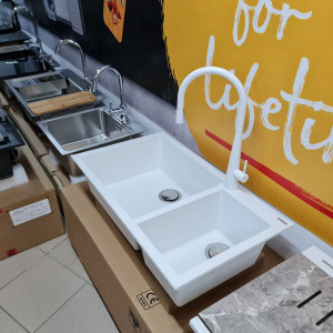 Chiuveta bucatarie granit dubla cu 2 cuve CookingAid Cube ON8620 Alba / Polar White + accesorii montaj - Img 6