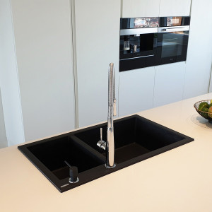 Chiuveta bucatarie granit dubla cu 2 cuve CookingAid Cube ON8620 Neagra / Black Metal quartz + accesorii montaj - Img 8