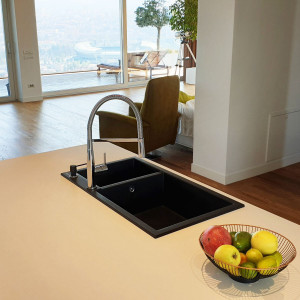 Chiuveta bucatarie granit dubla cu 2 cuve CookingAid Cube ON8620 Neagra / Black Metal quartz + accesorii montaj - Img 9