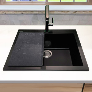 Chiuveta bucatarie granit CookingAid Cube ON5610 Neagra Nanostone Deep Black + accesorii montaj - Img 3
