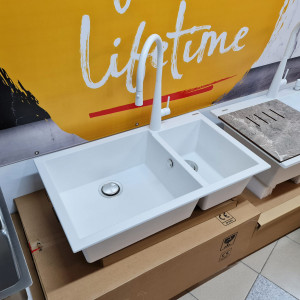 Chiuveta bucatarie granit dubla cu 2 cuve CookingAid Cube ON8620 Alba / Polar White + accesorii montaj - Img 8