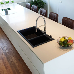 Chiuveta bucatarie granit dubla cu 2 cuve CookingAid Cube ON8620 Neagra / Black Metal quartz + accesorii montaj - Img 10