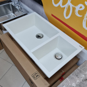 Chiuveta bucatarie granit dubla cu 2 cuve CookingAid Cube ON8620 Alba Galbui / Jasmine + accesorii montaj - Img 10