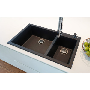 Chiuveta bucatarie granit dubla cu 2 cuve CookingAid Cube ON8620 Neagra / Black Metal quartz + accesorii montaj - Img 11