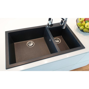 Chiuveta bucatarie granit dubla cu 2 cuve CookingAid Cube ON8620 Neagra / Black Metal quartz + accesorii montaj - Img 12