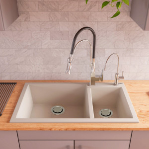 Chiuveta bucatarie granit dubla cu 2 cuve CookingAid Cube ON8620 Alba Galbui / Jasmine + accesorii montaj - Img 1