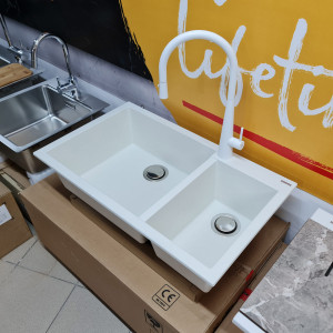Chiuveta bucatarie granit dubla cu 2 cuve CookingAid Cube ON8620 Alba Galbui / Jasmine + accesorii montaj - Img 3