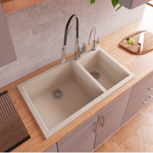 Chiuveta bucatarie granit dubla cu 2 cuve CookingAid Cube ON8620 Alba Galbui / Jasmine + accesorii montaj - Img 12