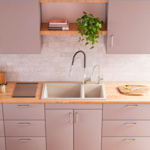 Chiuveta bucatarie granit dubla cu 2 cuve CookingAid Cube ON8620 Alba Galbui / Jasmine + accesorii montaj - Img 13