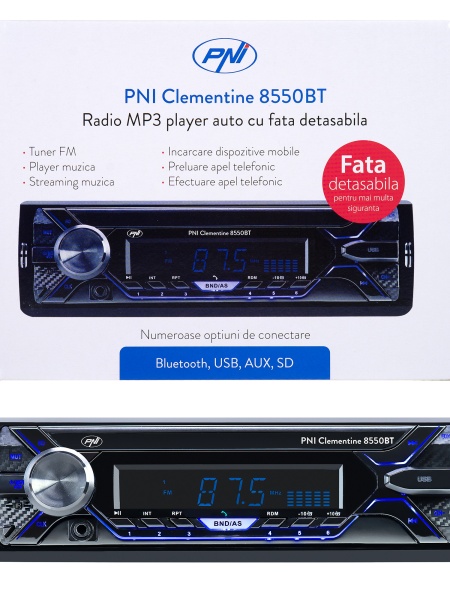 RADIO MP3 PLAYER AUTO PNI CLEMENTINE 8550BT, FATA DETASABILA, 4X45W, 12V, 1 DIN, CU SD, USB, AUX, RCA