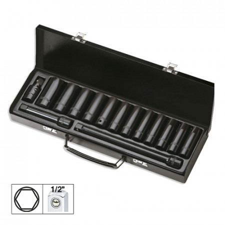 SET DE 15 PIESE DE IMPACT CU 12 TUBULARE LUNGI DE 1/2` HEXAGONALE + ADAPTOARE JBM