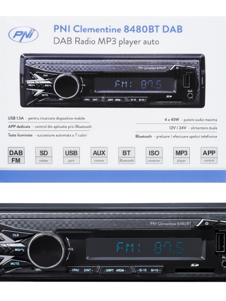 RADIO MP3 PLAYER AUTO DAB SI RDS PNI CLEMENTINE 8480BT 4X45W, 12/24V, CU SD, USB, AUX, RCA, BLUETOOTH SI USB 1.5A