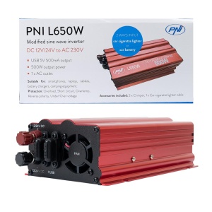 INVERTOR DE TENSIUNE PNI L650W, ALIMENTARE DUALA 12V/24V, IESIRE 230V, 500W, SINUS MODIFICAT, MUFA USB 5V 500mAh, CU CLESTI ALIMENTARE SI MUFA DE BRICHETA INCLUSA - Img 2