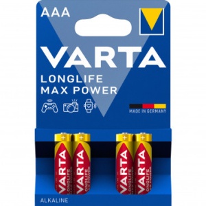 Set de 4 baterii alcaline LR03, Varta Longlife Max Power AAA, 1.5V, în blister