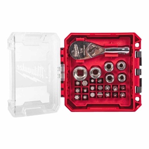 Set compact cu antrenor cu clichet ¼″, biți și chei tubulare în cutie compatibilă PACKOUT