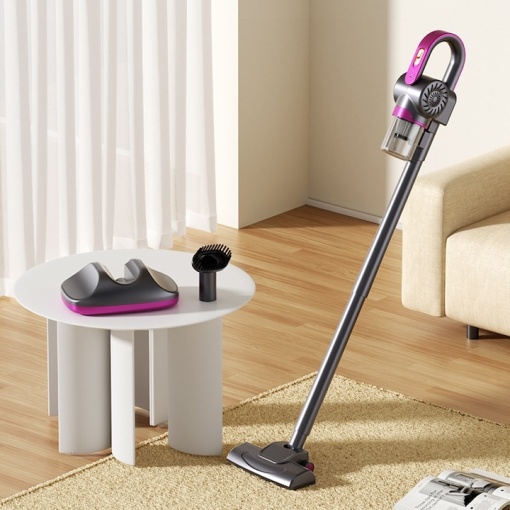 Aspirator vertical, fara fir, multifunctional, 2 viteze, putere 120 W, curatare praf eficienta, autonomie 30-45 min, cu accesorii pentru canapele si spatii inguste, negru/mov