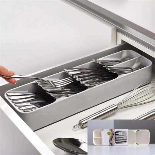 Organizator pentru tacamuri, cu 5 compartimente, dimensiuni 39.8 cm x 11.4 cm x 5.8 cm, nu ocupa mult spatiu, alb