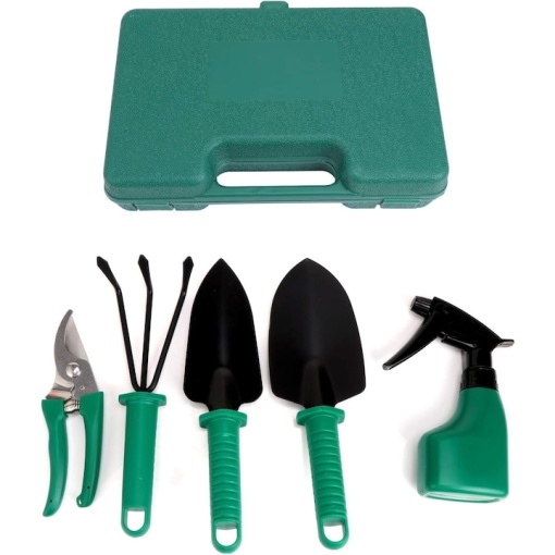 Set unelte de gradinarit, cu 5 piese, cutie pentru depozitat si transport, din metal si plastic, verde